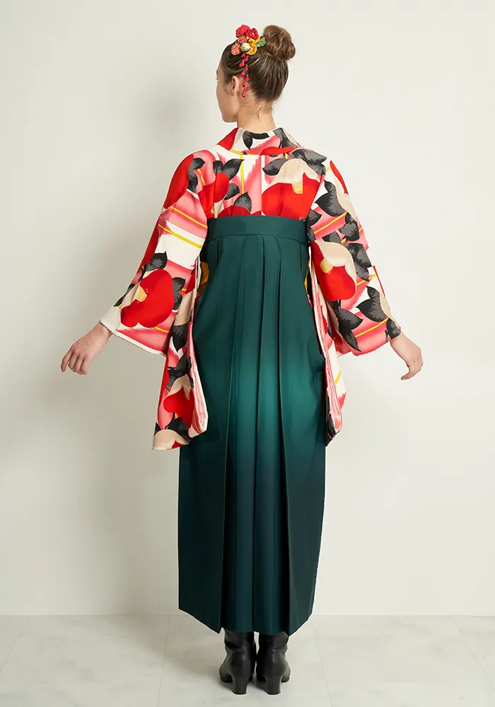 着物】赤矢絣・椿+【袴】緑×濃い緑ぼかし│卒業式袴ネットレンタルーハ